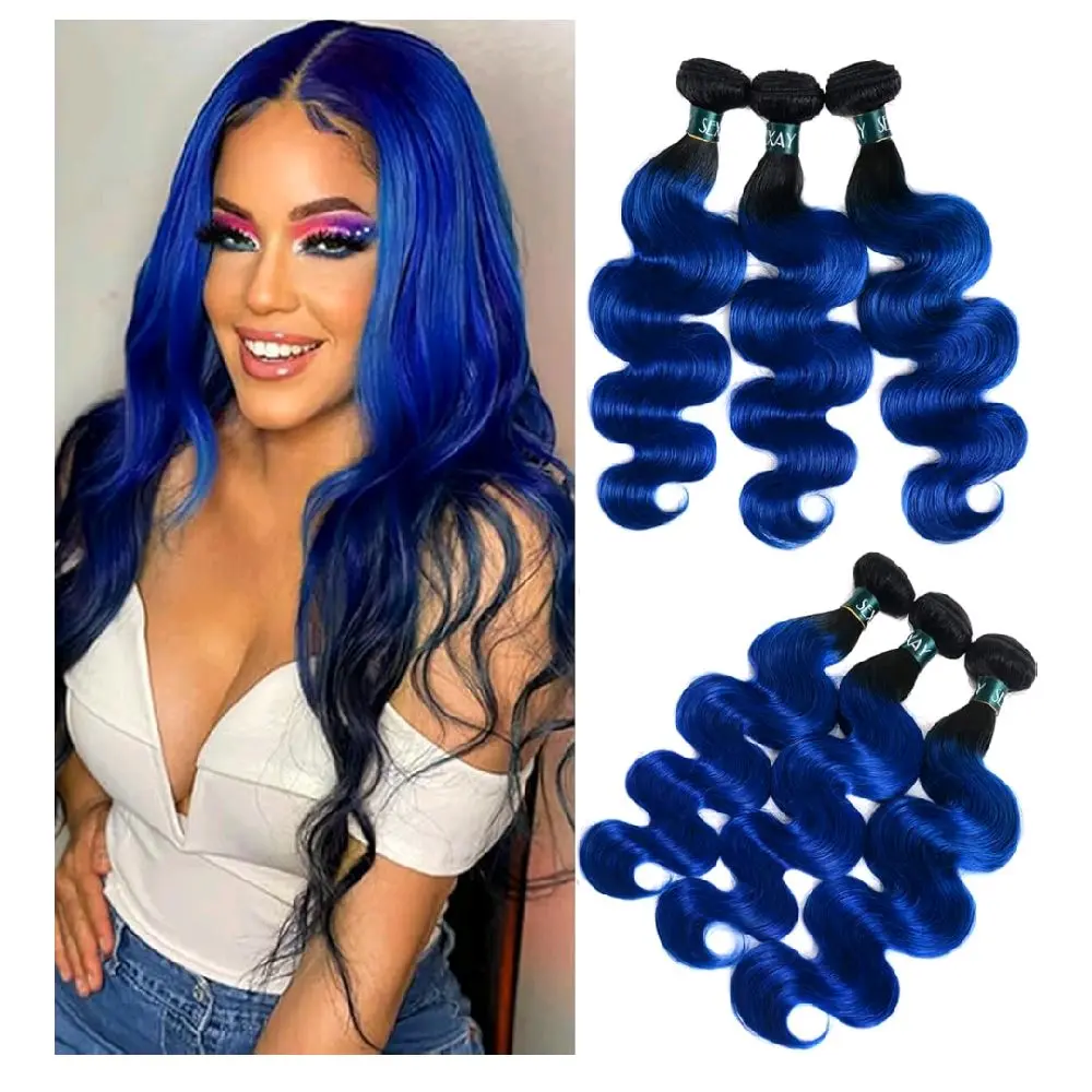 Ombre Blue Bundles Hair Body Wave Brazilian Virgin Human Hair 3Bundles 1b/blue Body Wave Unprocessed 2 Tone Blue Virgin Bundles for Women (141618, Body 1b/Blue)