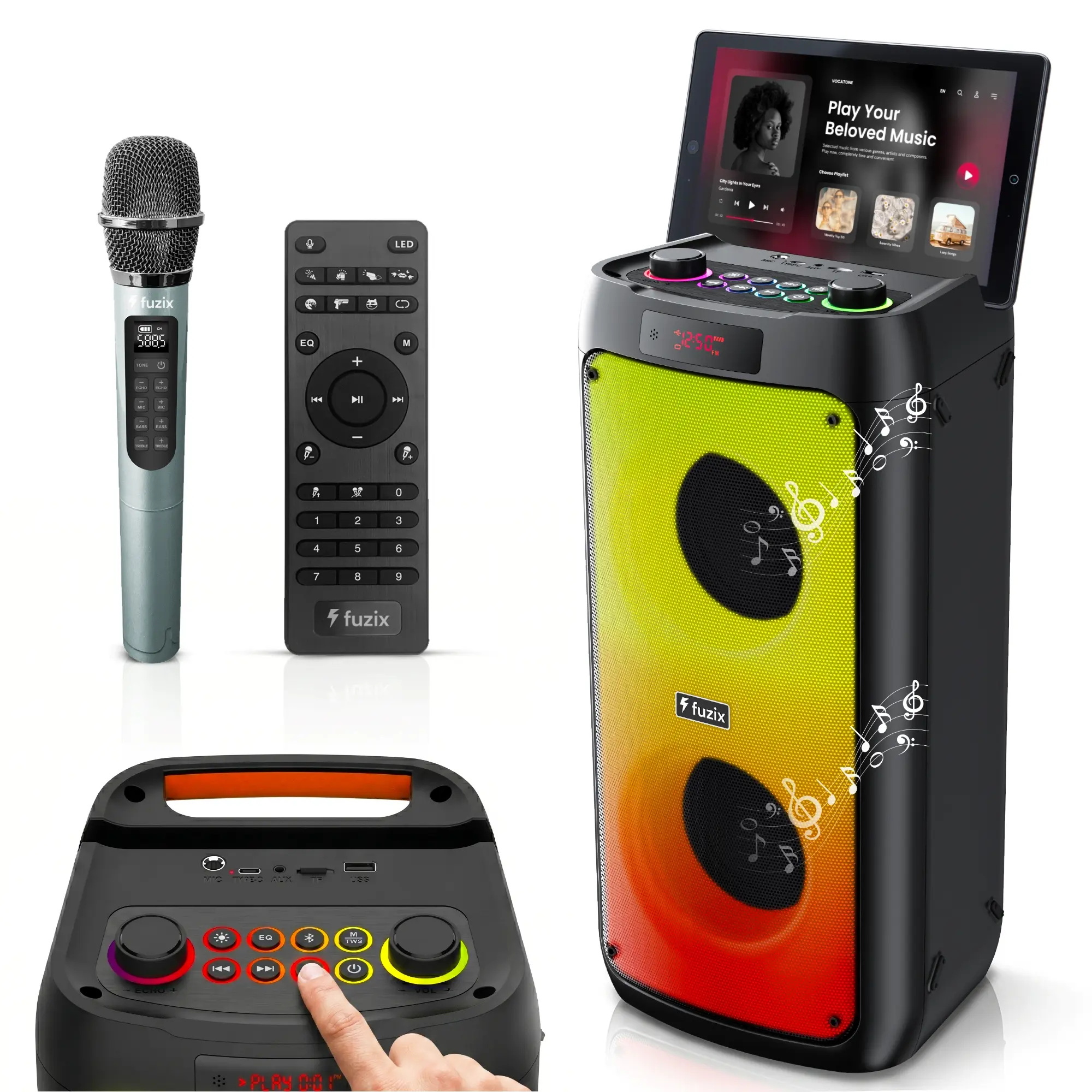 Fuzix Pulse 30W Portable Bluetooth Party Speaker, Wireless Karaoke Microphone, Dynamic LED Lights, TWS Stereo Pairing, FM Radio, Bluetooth 5.3, USB-C Charging, AUX TF MicroSD Card, Remote Control, Echo & EQ Knobs, for Home Party Outdoor Wedding Event