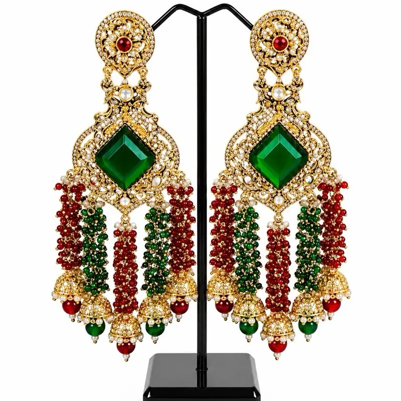 Elegant Green Stone & Gold Tassel Earrings for Women