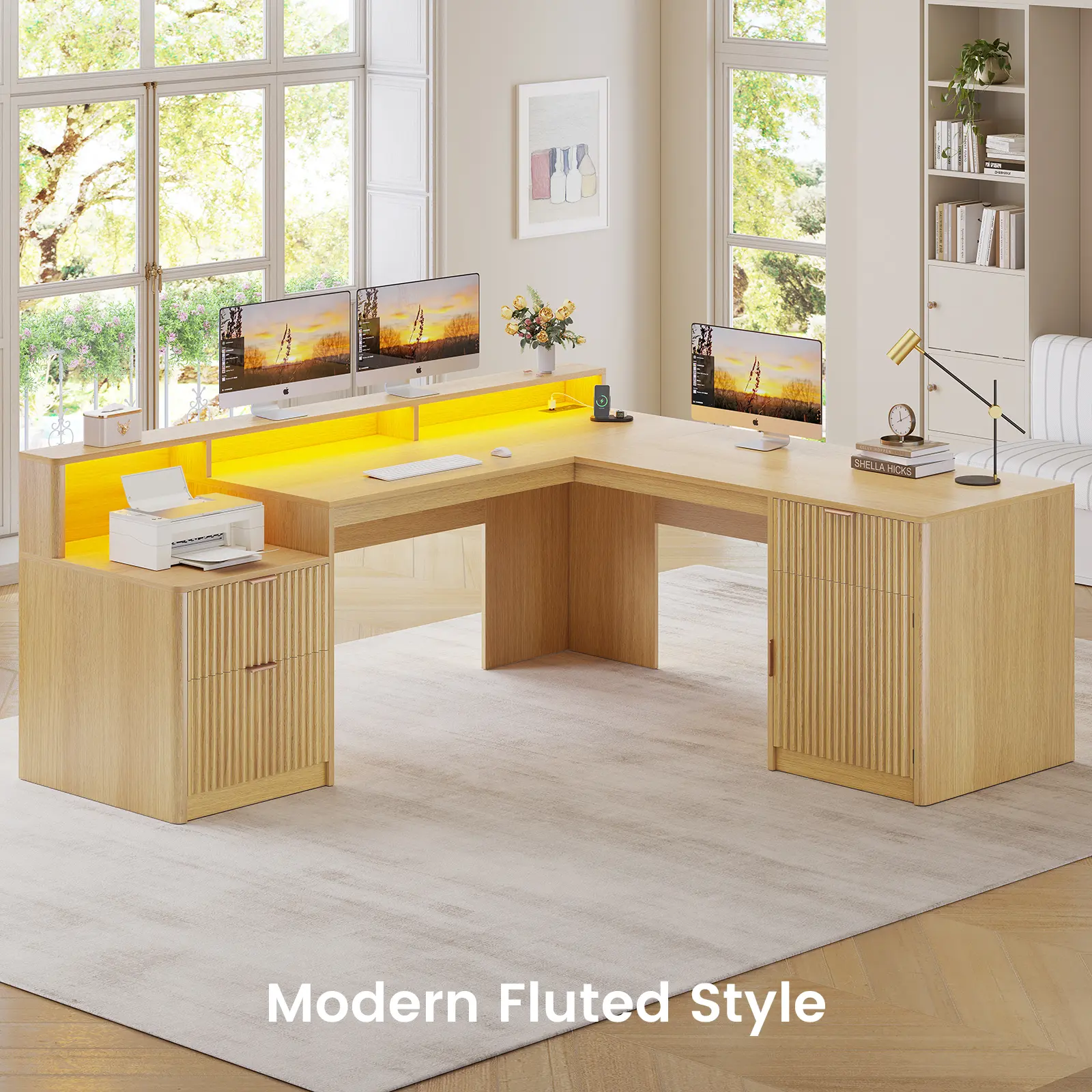 Sedeta 66-Inch Modern L-Shaped Engineered Wood Executive Desk - Built-In Power Outlets, Fluted Panels, 2 Drawer Sets, File Cabinet, Printer Shelf, Monitor Stand, LED Lights, Reinforced Panel for Home Office, Drawers Desks, Monitor Riser Desks