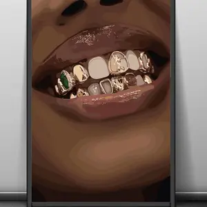 Waterproof Urban Wall Art Print - Unframed Home Decor Poster of a Black Woman with Gold Teeth, Glossy Lips, Grillz, Lipstick Allure, Unframed Style, Ideal for Room or Kitchen Decoration