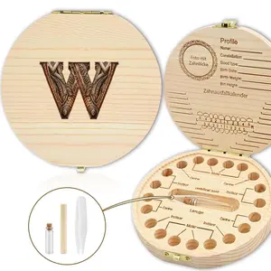 Initial Letter Pattern Tooth Fairy Box, 1 Count Wooden Tooth Storage Box with Tweezers, Teeth Keepsake Box, Treasured Memory Case