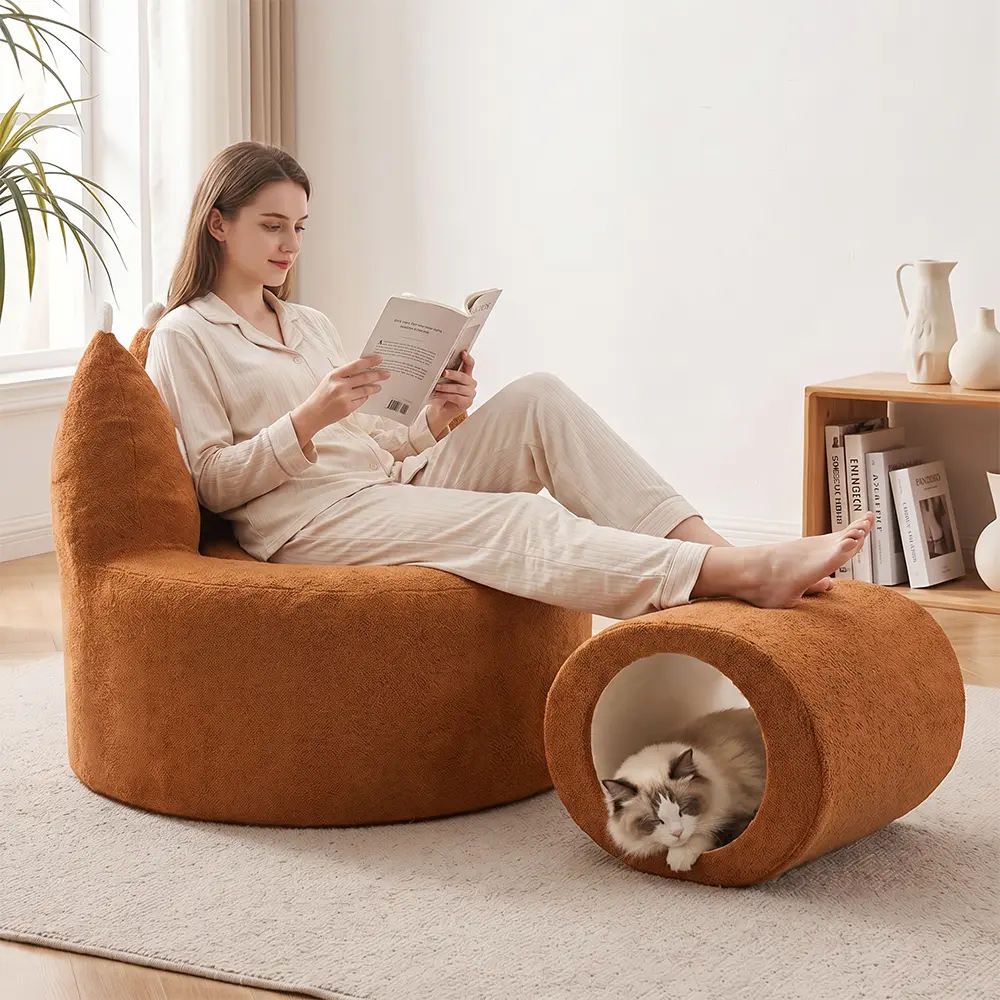 Shared chaise lounge sofa for human pets; no assembly required, roll-packed plush chair bed with cat tunnel ottoman; soft floor seats for couch, bedroom, living room furniture; mini bedroom couch; apartment furniture; cozy seat sleeper for small spaces an