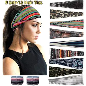 9 Pack Boho Headbands with 12 Hair Ties for Women Fashion Wide Headband Yoga Workout Head Bands Hair Accessories Band