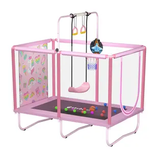 Mini Square Trampoline for Kids with Basketball Hoop, 36"*55'' Indoor Outdoor Toddler Trampoline with Enclosure Net, seamless safety design Small Trampoline Gift for Boys Girls