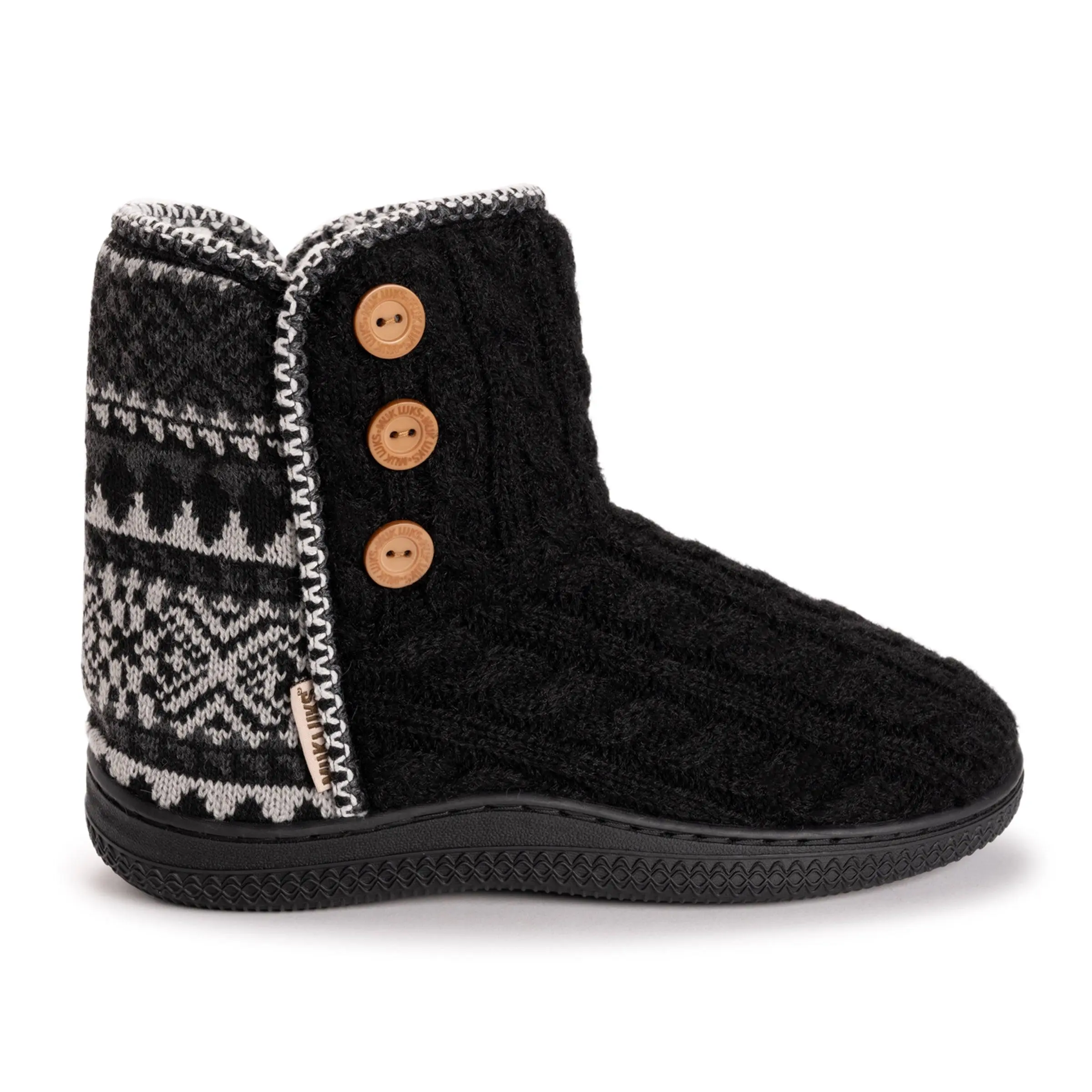 Muk Luks Women's Leann Classic Slipper Booties, Soft Sweater Knit with Faux Shearling Lining, Button Detail and Indoor-Outdoor Sole, Footwear, Buttons