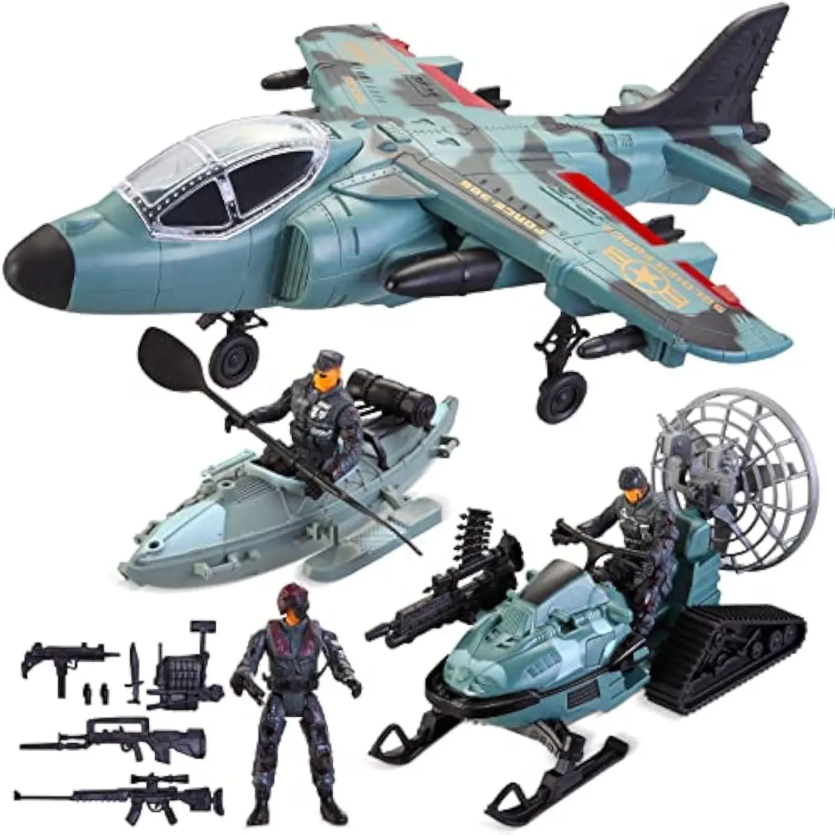Military Toy Set, Airplane, Role Play Fighter Jet with Soliders, Army Men Action Figures, Snowmobile, Kayak Boat, Army Toys for Boys Age 4-7, Kids Birthday Easter Presents