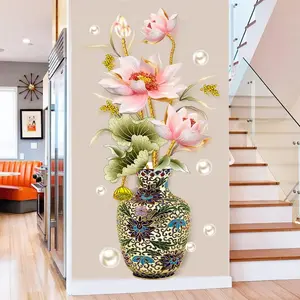 Chinese Style Lotus Flower Wall Sticker, Classical Vase Wall Decals for Living Room Art Decor, Traditional Floral Wall Decal for Home Entrance Backdrop, Removable Vinyl Sticker for Bedroom Gift