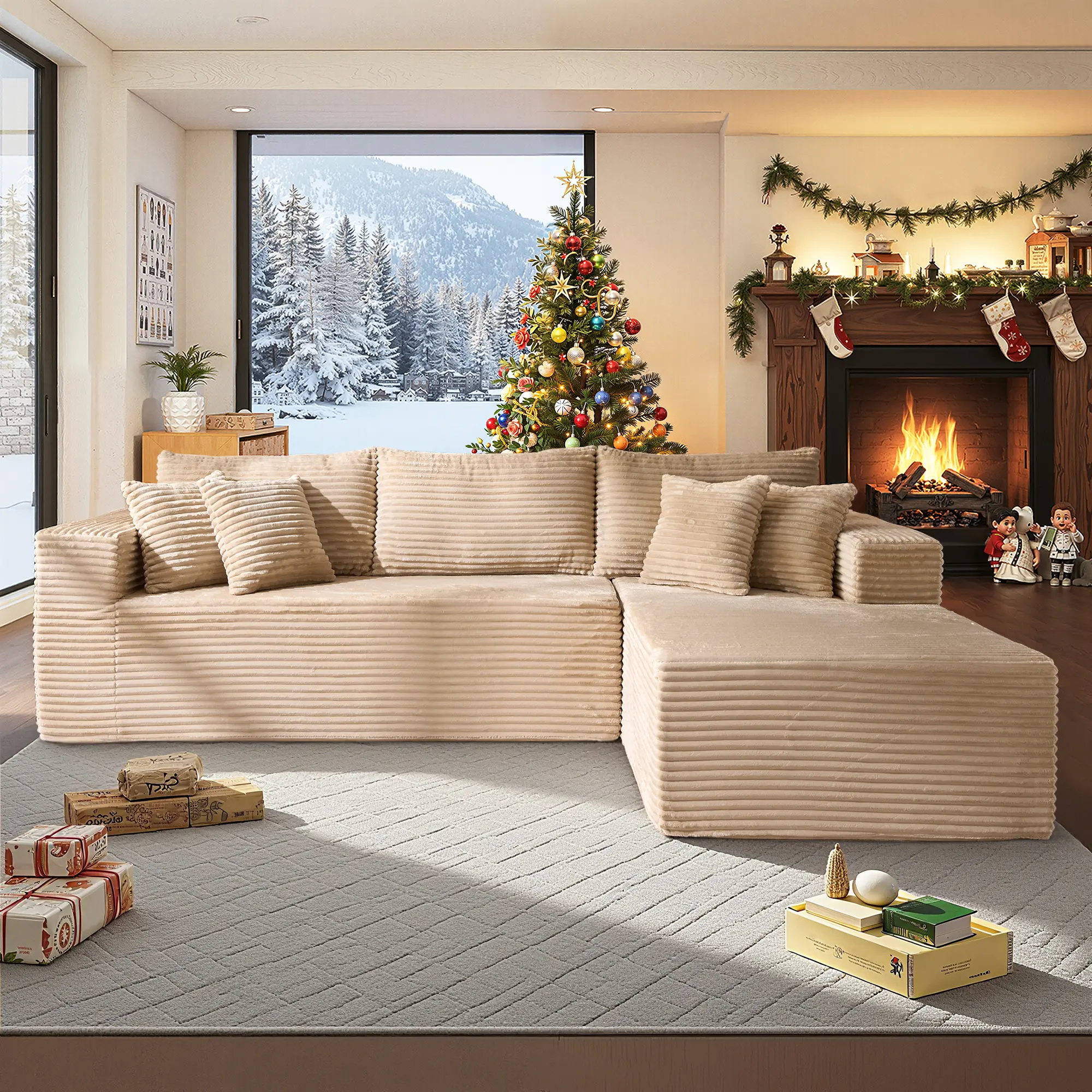 108“Beige L Shaped Sofa Whit Right CHair