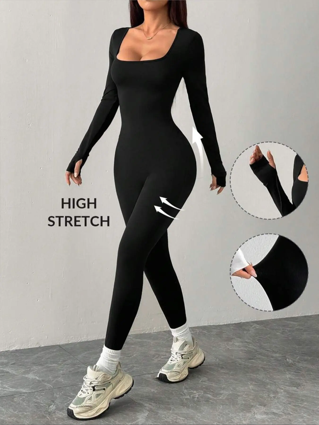 Women's Solid Color Slim Fit Fitted Square Neck Unique Design Tight Comfortable Long Sleeve Cuffed Casual Sporty Jumpsuit, square neck jumpsuits, Womenswear Casual Fashion All Occasion Wear Piece, Stretch Jumpsuit