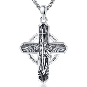 DRINSPER S925 St Michael Cross Necklace 925 Sterling Silver Saint Michael the Archangel Protection Necklace for Men Women Trendy Amulet Jewelry
