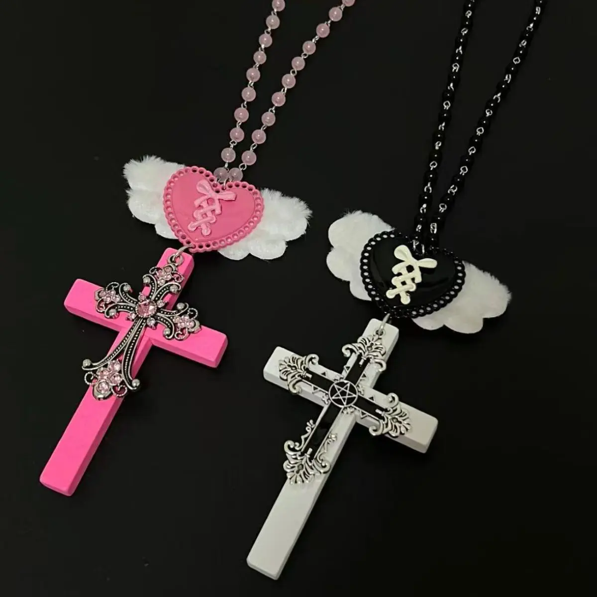 Women's Y2K Angel Cross Necklace - Large Gothic Angel Wing Pendant, Vintage Grunge Statement Sweater Chain, Bold Silver-Tone Aesthetic Jewelry Accessories, Festival Streetwear Gift for Women, Necklaces
