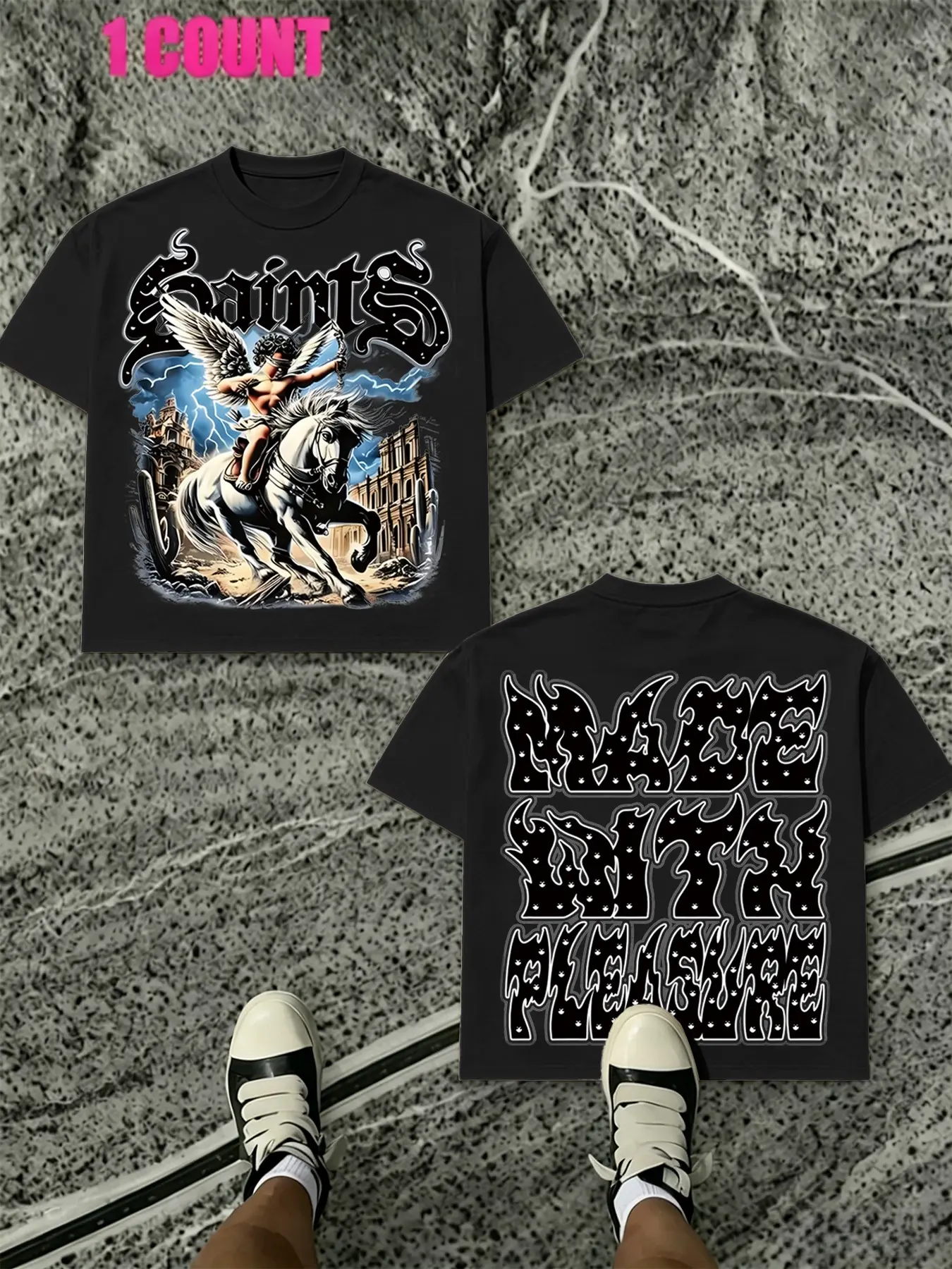 Men's Gothic Angel Print T-Shirt, Menswear, Dark College Streetwear, Heavy Metal Aesthetic, Double-Sided Design, Casual Short Sleeve Top, Fashion