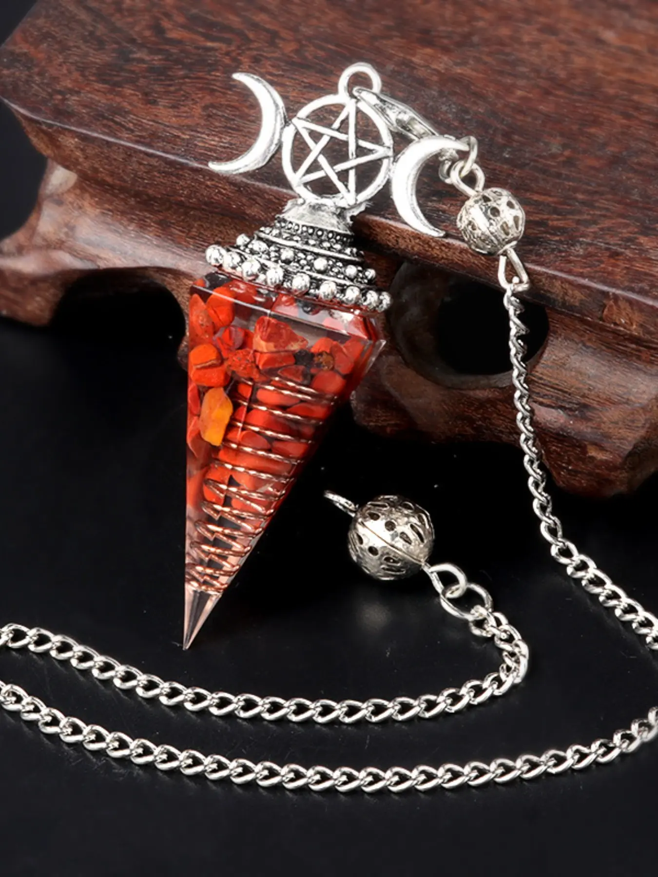 Three-Phase Moon Seven Color Crushed Stone Resin Crystal Gemstone Hexagonal Cone Spirit Pendulum, Healing Energy Decorative Accessory, Stones for healing, Chakra Healing Crystals, Chakra Healing Stones