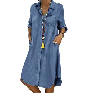 utcoco Denim Dress for Women 2026 Casual Loose Long Sleeve Classic Vintage Button Down Jean Shirt Dresses with