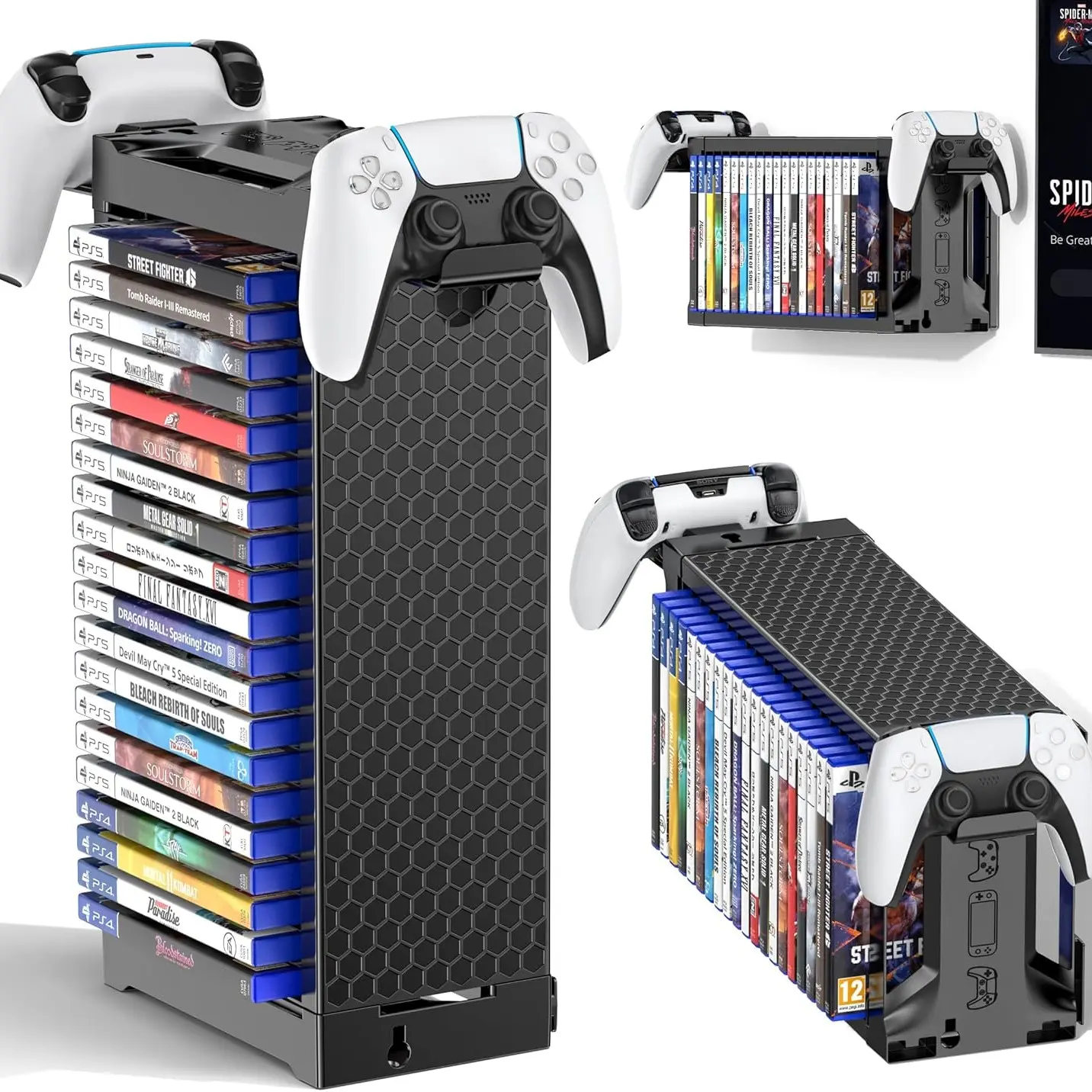 Video Game Storage Tower Holder with Controller Stand, Wall Mount Game Organizers and Storage for Nintendo Switch 2/ PS5/4/ XboxOne/Series, Vertical & Horizontal Stand for Gaming Discs Accessories Racks, Adjustable Height Storage Rack