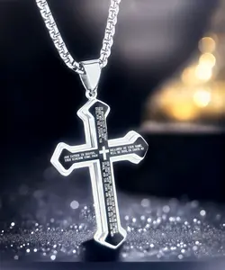 Men's Engraved Bible Verse Cross Pendant - Rust-Proof Stainless Steel Religious Jewelry, Perfect for Gifting & Personal Style | TK Halo Accessories