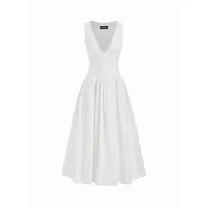 Cider Cotton V-neck Broderie Anglaise Floral Lace Trim Button Midi Dress