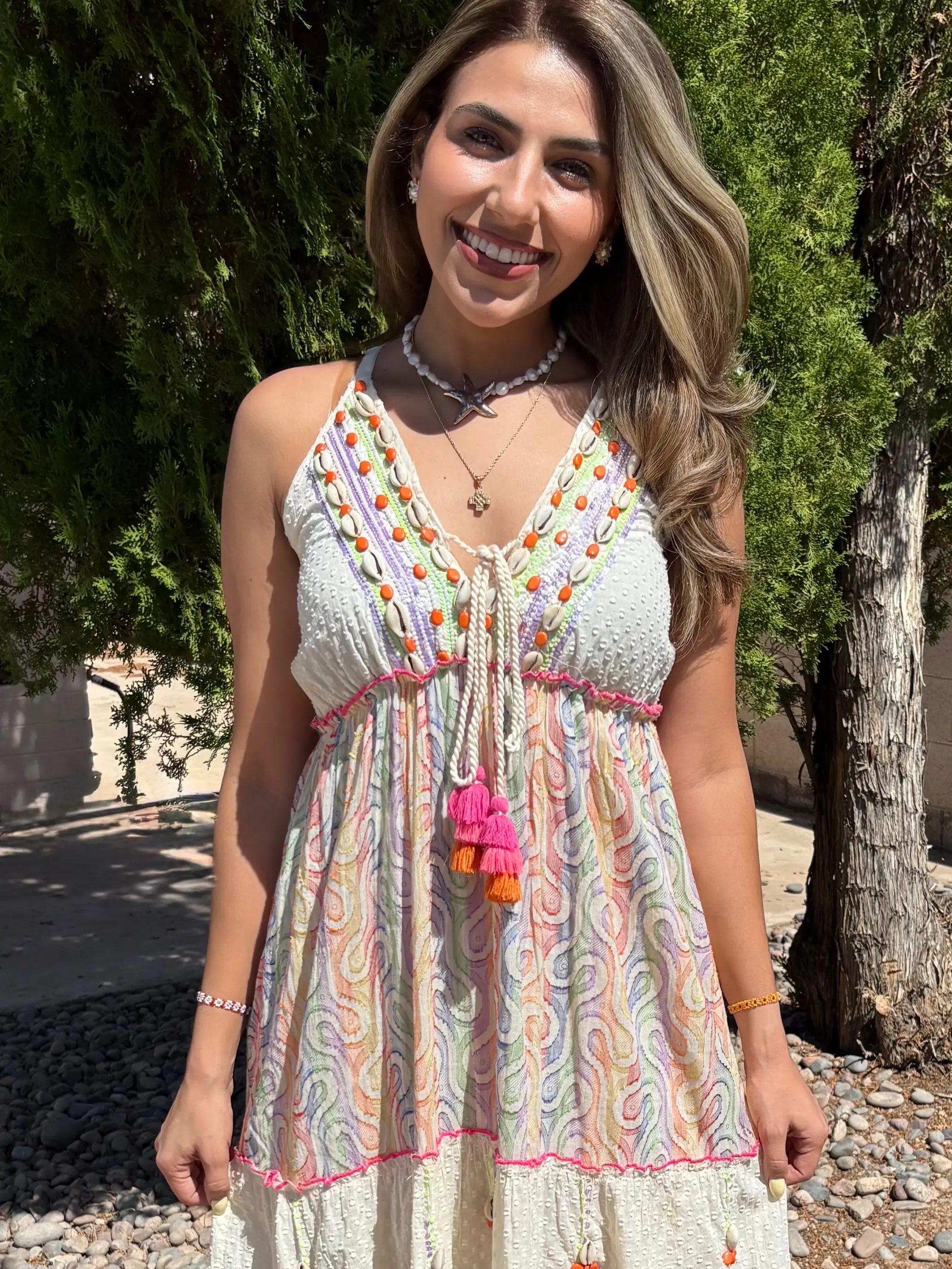 Orange or Yellow Colorful Seashell Embroidered Long Sundress Detailing and Colorful Patterns *one size bust size DD
