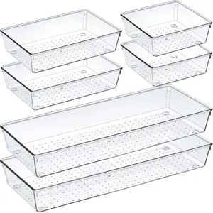 Criusia 6 Pcs Large Size Clear Drawer Organizer Set, Acrylic Non Slip Non Cracking Kitchen Drawer Storage Tray Divider, Multifunctional Storage for Cosmetics, Bathroom, Tools, Kitchen and Office