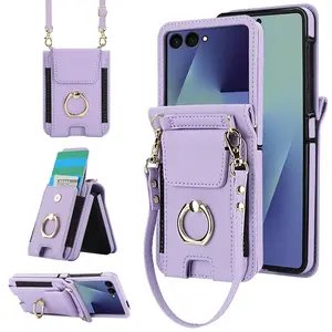 Ring Card Holder Phone Case for Samsung Foldable Phones, High-End Luxurious Style Shoulder Bag Fit Galaxy Z Filp 7 6 5 4 3, Anti-Drop Dirt Resistant, Comfortable Grip