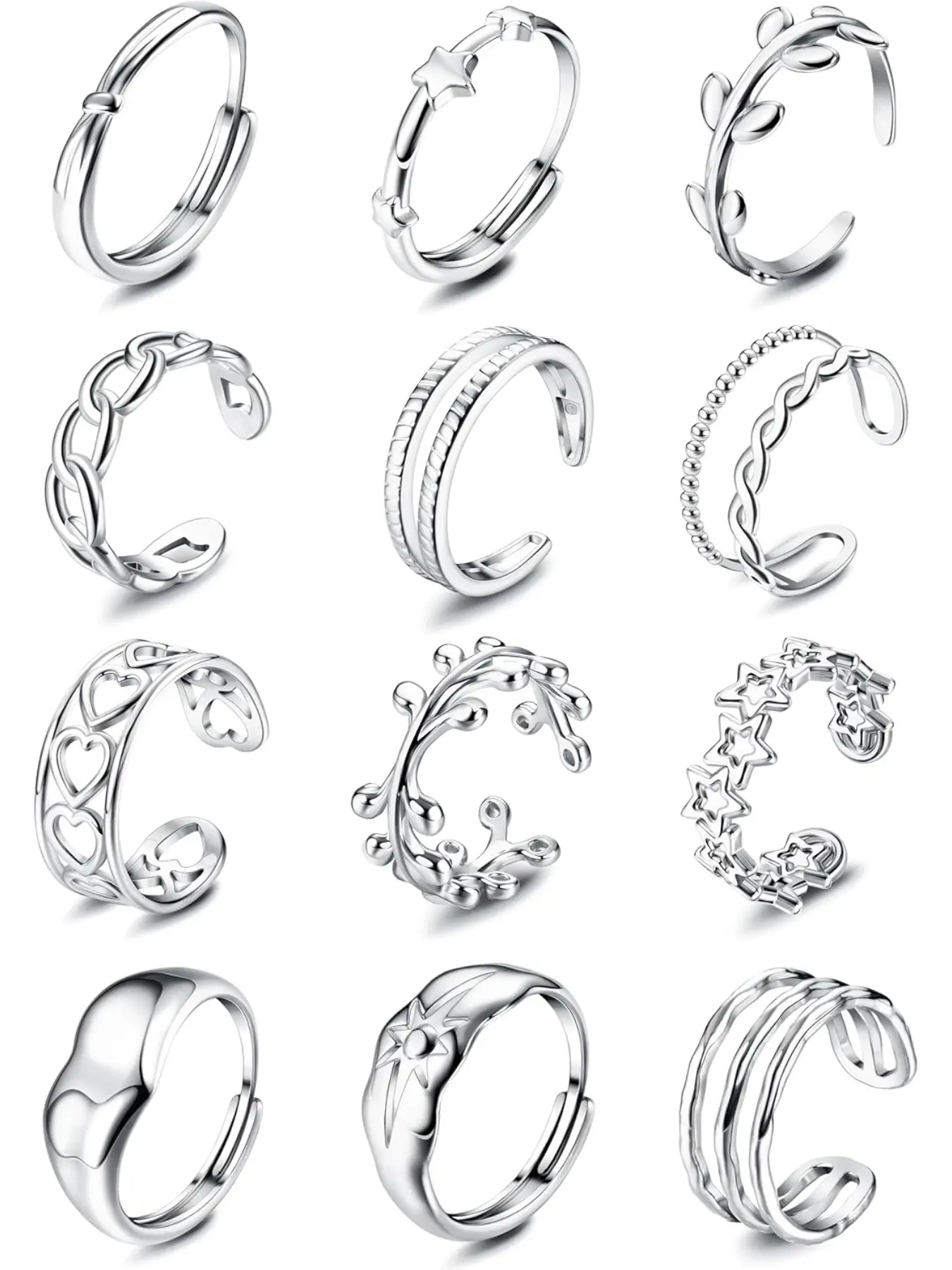 12pcs Stainless Steel Rings for Women, Fashion Stackable Rings, Silver Color Aesthetic Casual Trendy Jewelry, Adjustable Open Stackable Ring Set, Trendy Statement Rings Knuckle Thumb Finger Rings