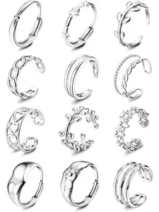 12pcs Stainless Steel Rings for Women, Silver Color Aesthetic Jewelry, Adjustable Open Stackable Rings, Trendy Statement Rings Knuckle Thumb Finger Rings