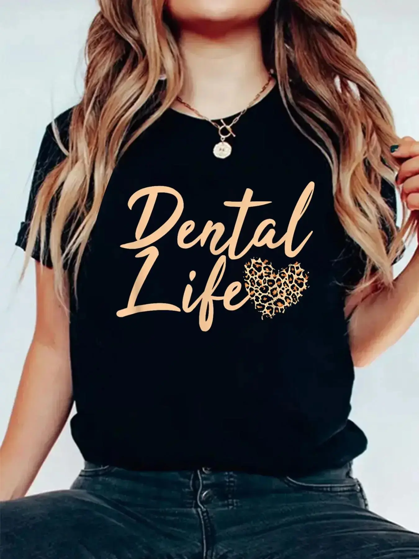 Women's Short Sleeve Round Neck Breathable T-Shirt - Dental Graduation Graphic, Leopard Cheetah Print Casual Top for Dental Professionals, Shortsleeve, Tshirt, Soft Fabric, L, All Seasons, Dental Theme