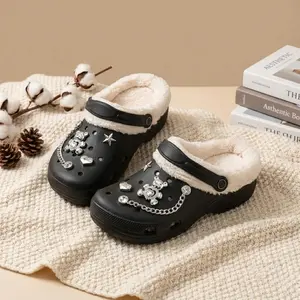 Y2K Bling Fur Lined Clogs with Silver Bear & Chain Charms Rhinestone Fuzzy Winter Slippers Aesthetic Gift for Her Cozy Chain Design for Girls