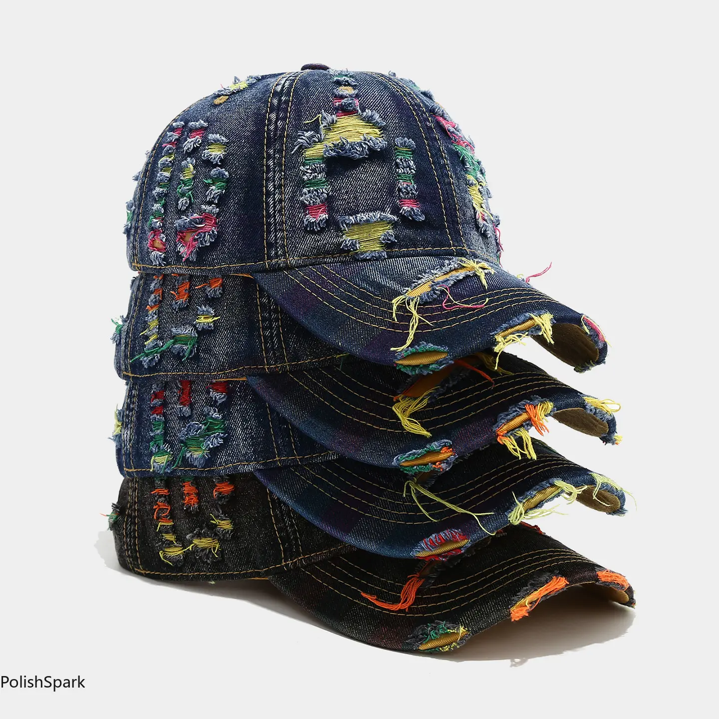 Vintage Distressed Rainbow Thread Ripped Denim Baseball Cap for Women Men – Y2K Baddie Aesthetic Cyber Punk Dad Hat | Adjustable Washed Cotton Grunge Streetwear Sun Cap