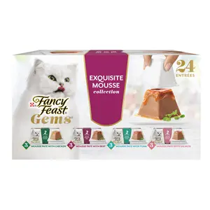 Fancy Feast Gems Mousse with Jelly Variety Pack Pate Wet Cat Food 24 Servings 2-oz Trays Beef Chicken Salmon Tuna