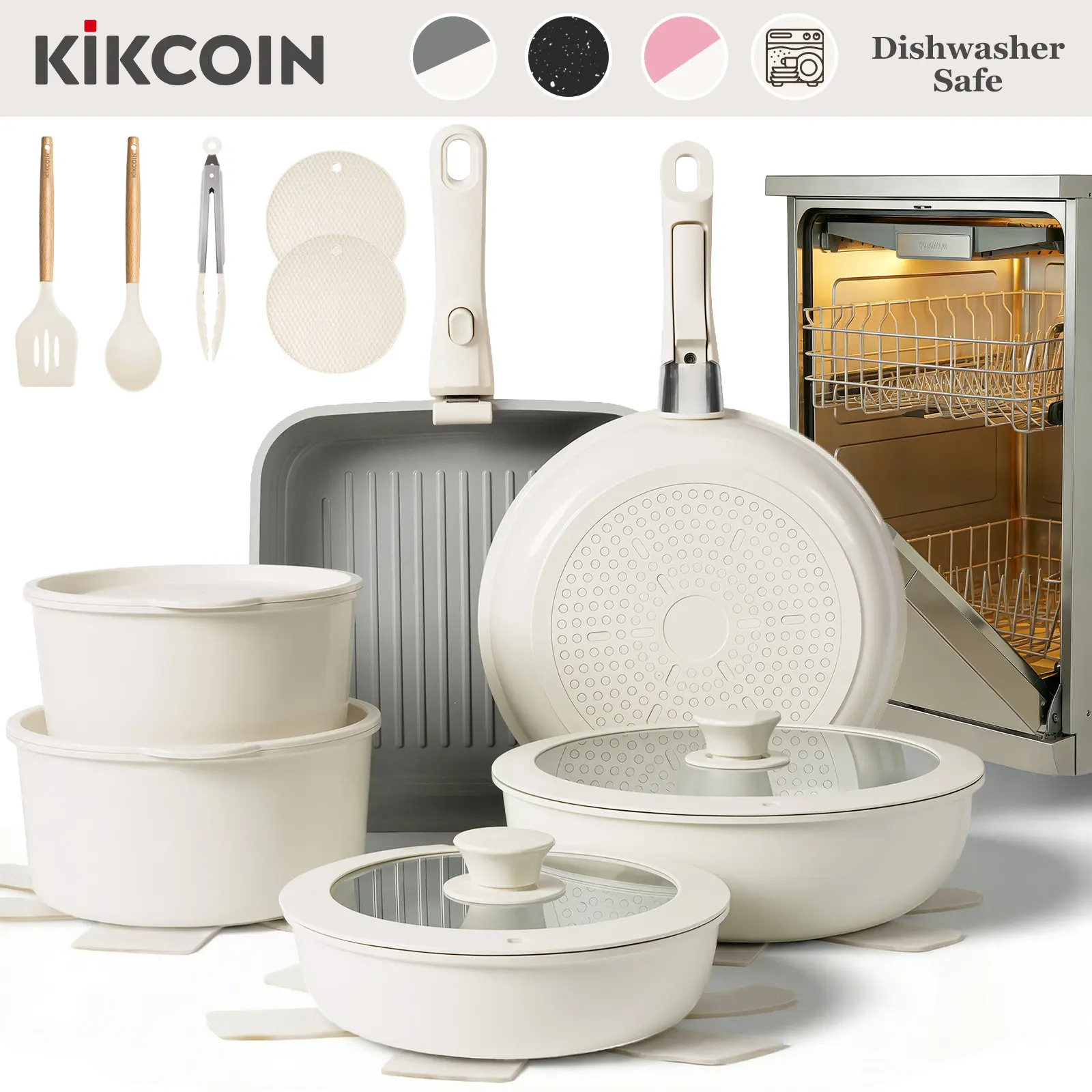 [OOAK Dishwasher safe]Kikcoin Nonstick Non-Toxi Ceramic 22pcs cookware set with detachable handle,Lids,pots pans set complete Cookware Set,PFAS-Free,Oven Safe,Dutch oven,Kitchen,Outdoor Induction Compatible,NewYearGiftIdeas,Protects your manicure tiktoks