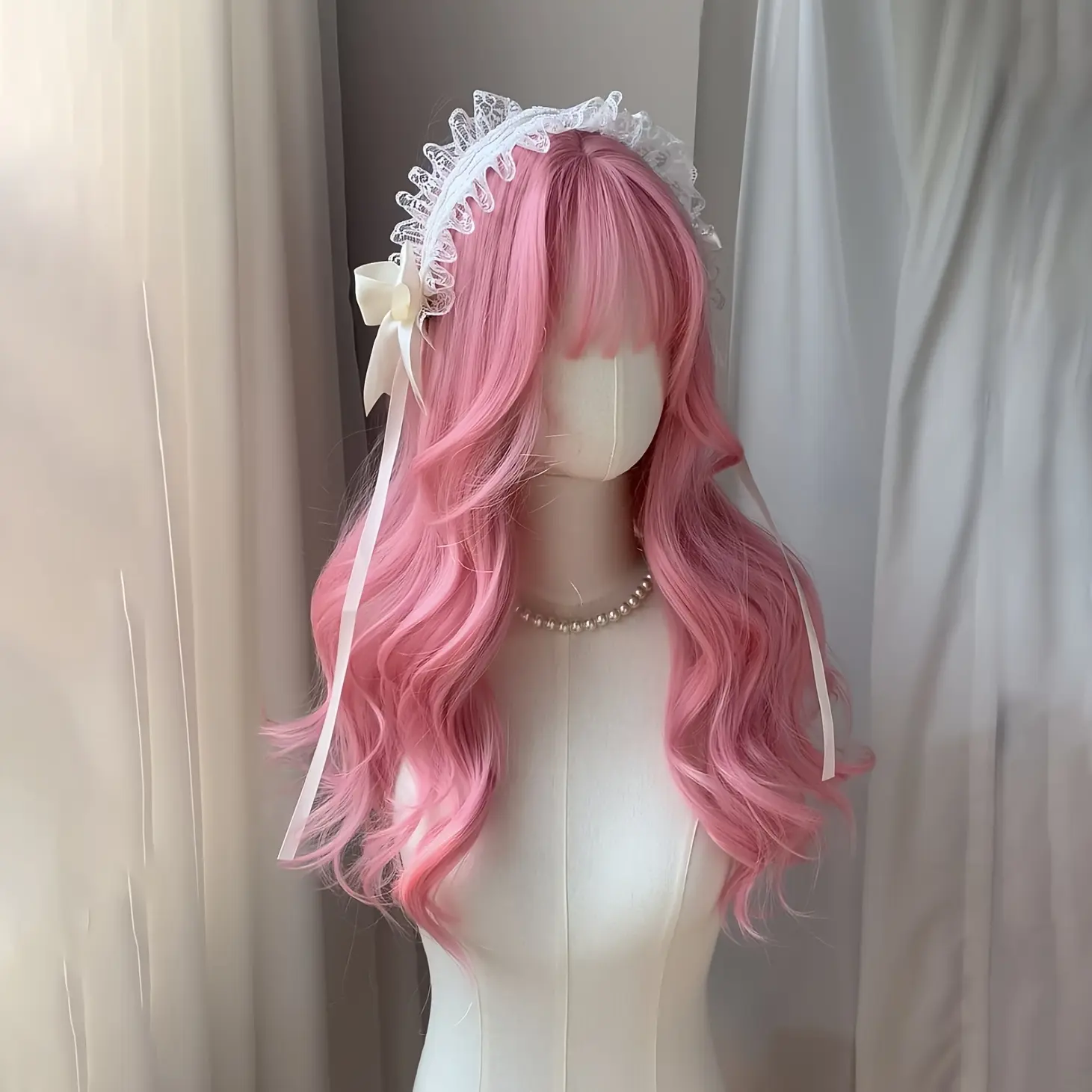 Pink Wig Long Curly Wigs for Women Ladies Synthetic Wig with Straight Bangs for Cosplay Party Halloween Costume Wig