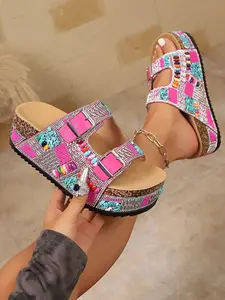 Boho Style Rhinestone Beaded Thick Sole Slippers, Summer Women Large Size Dual Buckle Soft Wood Bottom Outdoor Beach Sandals, Fashionable Comfortable Footwear