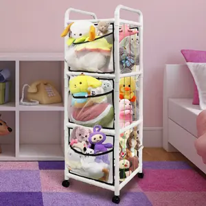 Stuffed Animal Storage, Extra Large Corner Zoo ABS Holder Plushies Organizer Shelf with Elastic Band Side Pockets Bottom Wheels