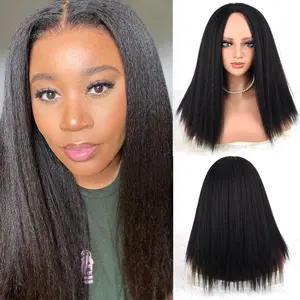 18-Inch Yaki Straight Synthetic Wig for Women Middle Part Glueless Heat Resistant Kinky Straight Texture Natural Black Pre-Plucked Hairline Adjustable Straps