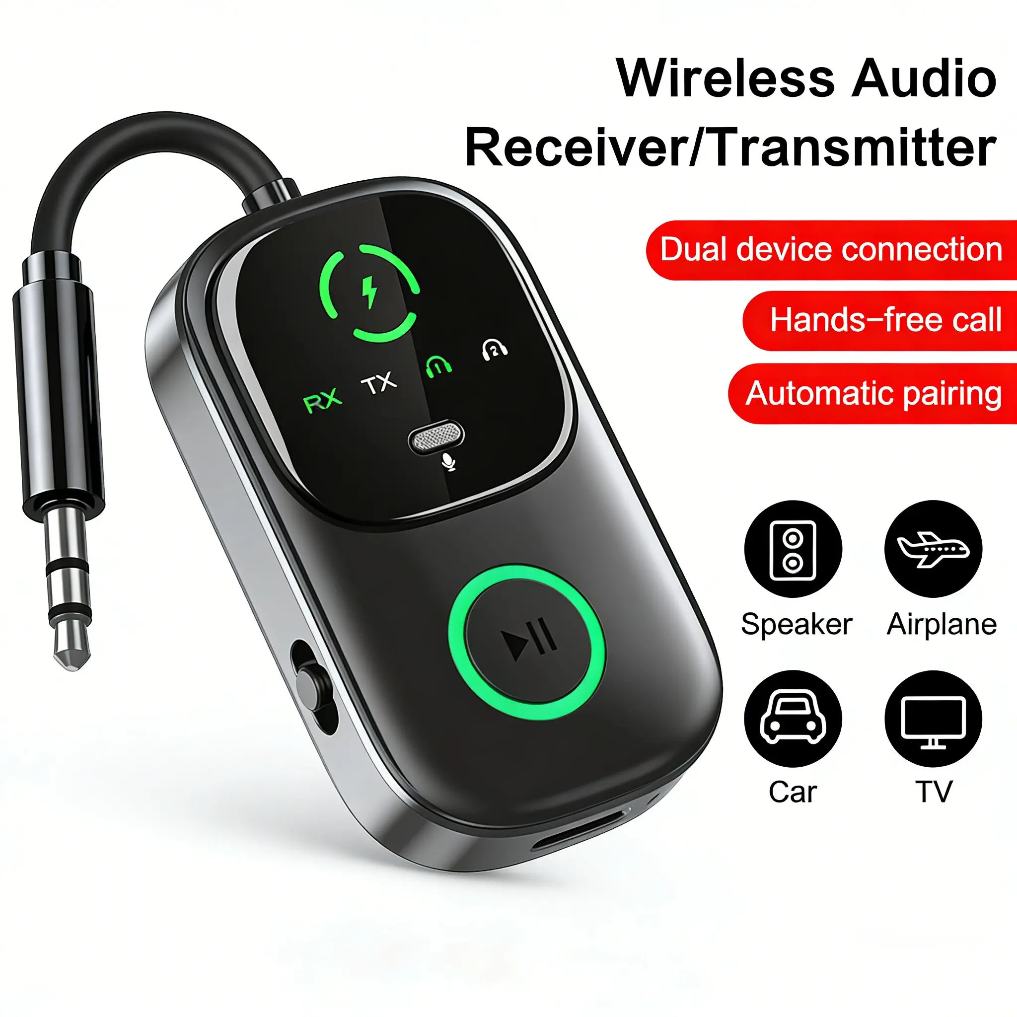 Wireless 5.4 Bluetooth Audio Adapter 2-in-1 Transmitter Receiver - High Definition, Low Latency, Dual Device Connection USB Charging, Compatible with TV/Headphones/Speakers, Car AUX&Airplane Converter, Wireless Car Stereo, Home Audio Upgrade