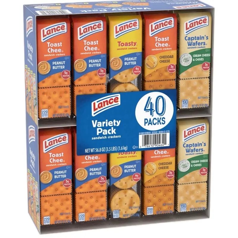 Lance Variety Pack Sandwich Cracker 40 Pack - Toast Chee Peanut Butter & Cheddar Cheese Flavors - 56.8 oz Total - Tasty & Versatile Snack
