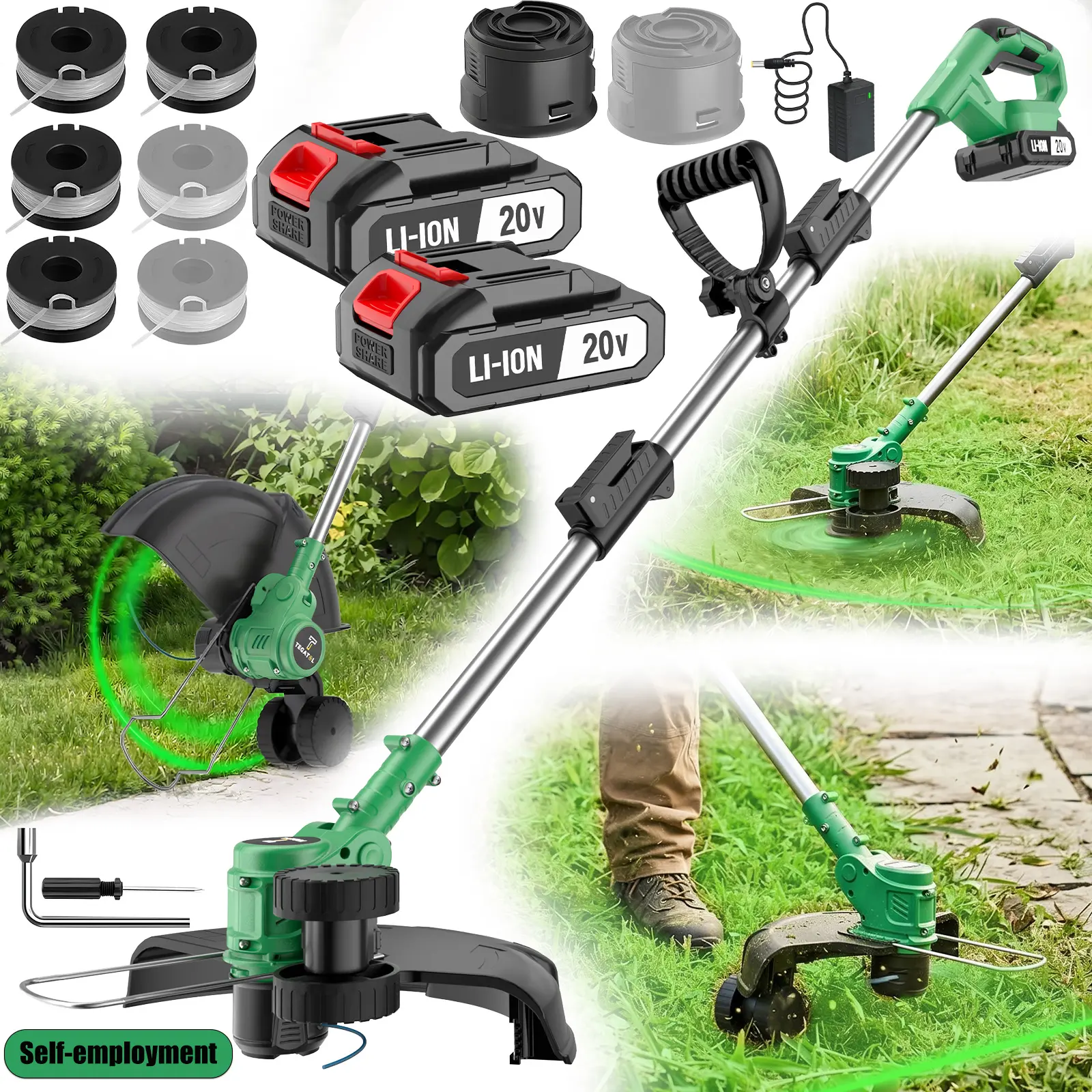 20V Handheld Wireless Grass Trimmer - Electric Weed Wacker, Lawn Edger, Wireless Grass Cutter with 2000mAh Battery, 6 Spools for Lawn Edging, Yard Care Tools