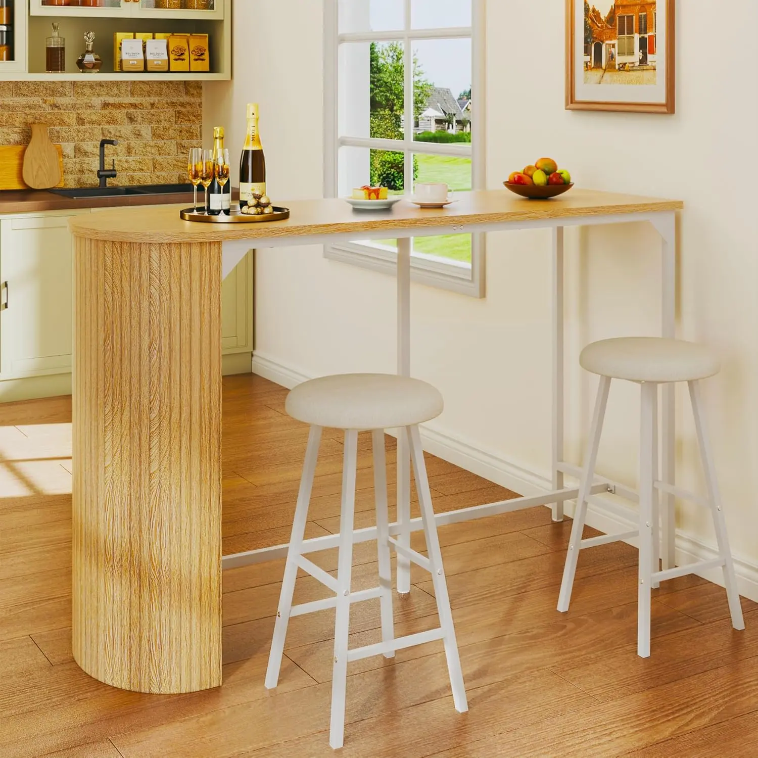 Fluted Bar Table and Chairs Set, 55'' Long Bar Tables with 2 Stools, 3 Piece Counter Height Dining Table for 2, Space Saving Kitchen Table for Bar, Dining Room, Kitchen, Breakfast Nook Corner, Natural