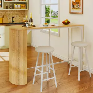 Fluted Bar Table and Chairs Set, 55'' Long Bar Tables with 2 Stools, 3 Piece Counter Height Dining Table for 2, Space Saving Kitchen Table for Bar, Dining Room, Kitchen, Breakfast Nook Corner, Natural