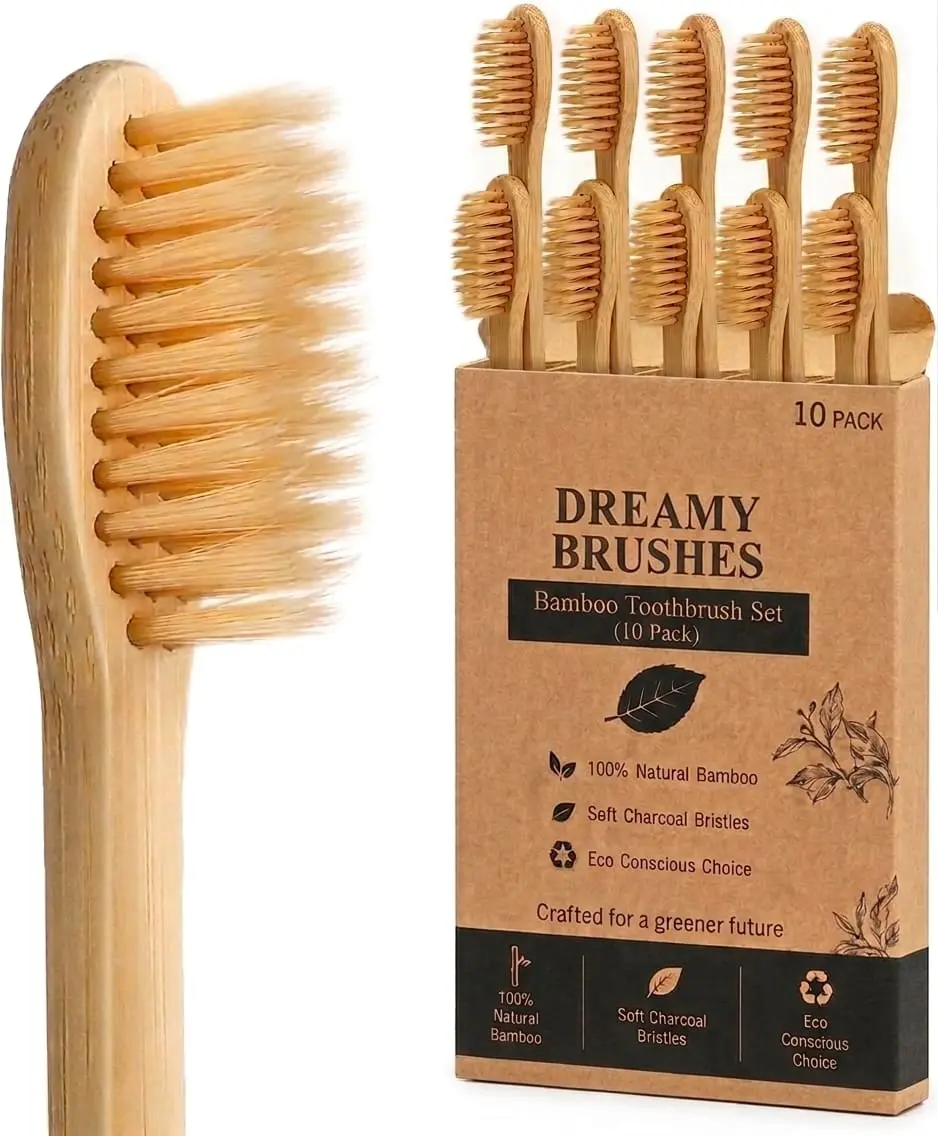 10 Pack Eco Friendly Bamboo Toothbrush | Biodegradable Soft Bristles Wooden Toothbrushes  | Natural Organic Oral Care