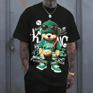 Streetwear hip-hop teddy bear print men’s T-shirt, Harajuku retro casual short-sleeve top, Y2K-style loose trendy tee. tiktokshopspringglowup,summervibes