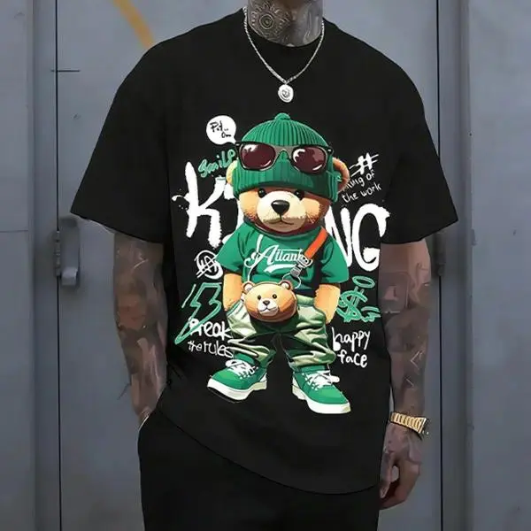 Streetwear hip-hop teddy bear print men’s T-shirt, Harajuku retro casual short-sleeve top, Y2K-style loose trendy tee. tiktokshopspringglowup,summervibes