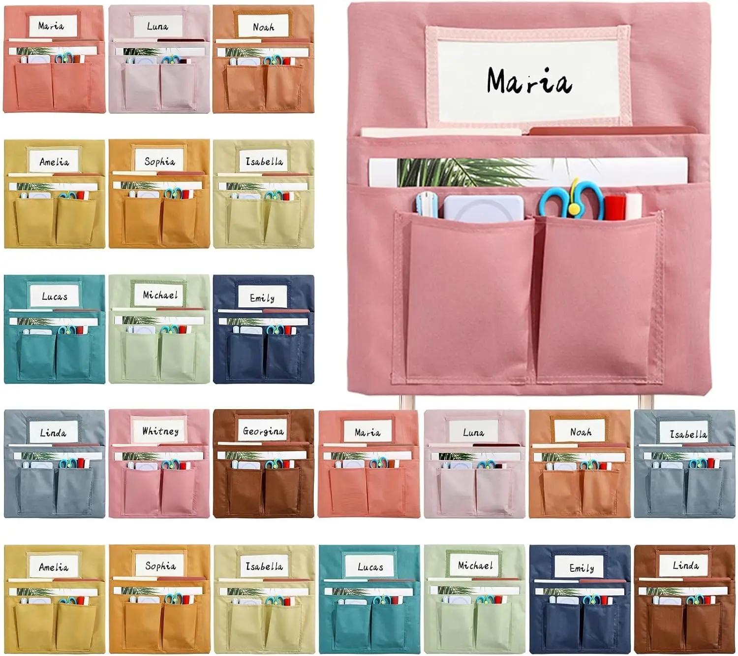 24 Pcs Small Chair Pockets for Classroom 13 x 14 Inch Bag with Name Tag Multi Pockets Chairsback Pouch Organizer for Student Kindergarten Elementary Daycare