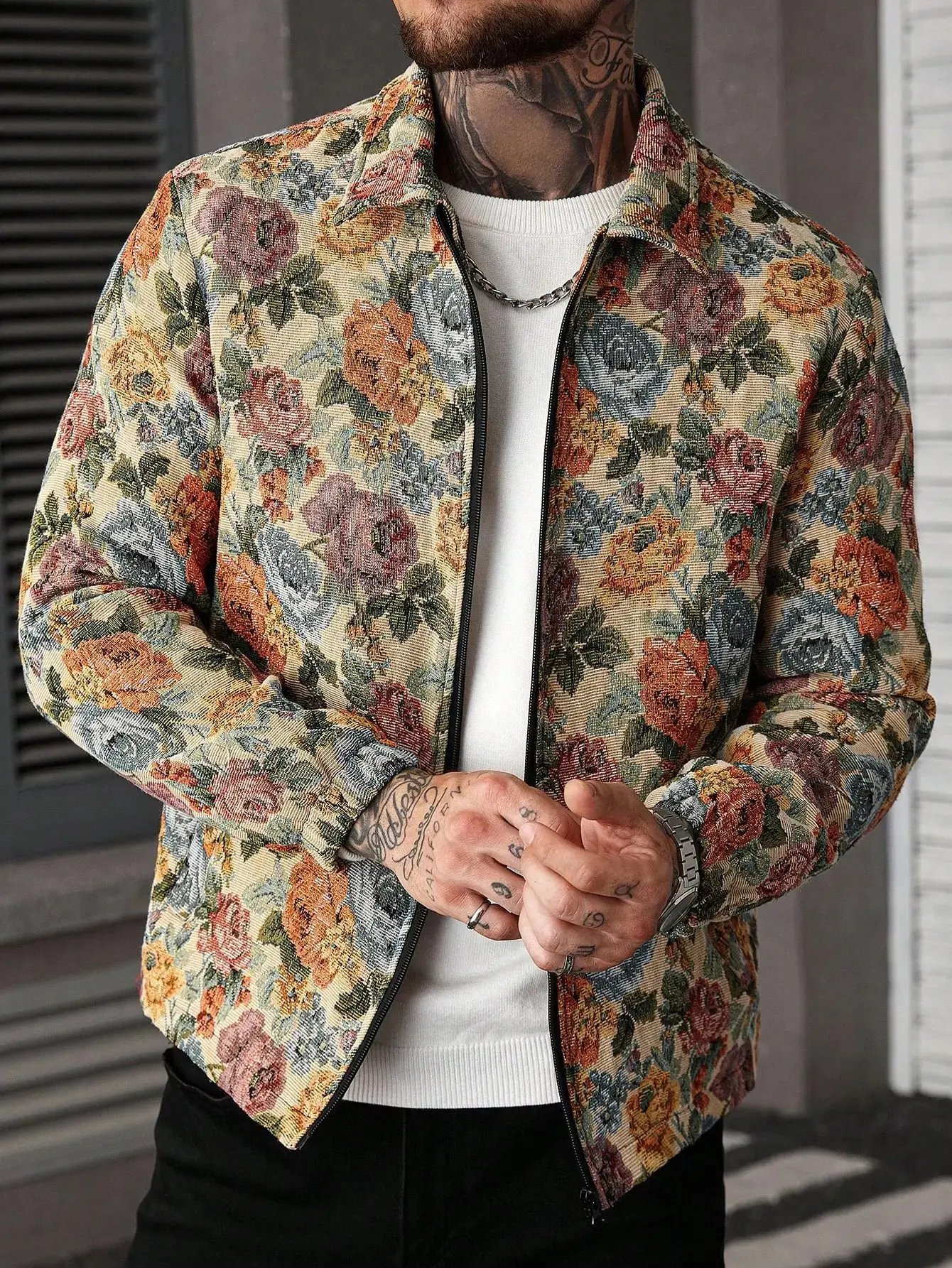Men's Casual Vintage Jacket - Zip-Up Casual Fashionable Jacket, Long Sleeve Menswear Top with Bold Botanical Tapestry Floral Pattern, Stylish Outerwear, Vintage Style Outerwear