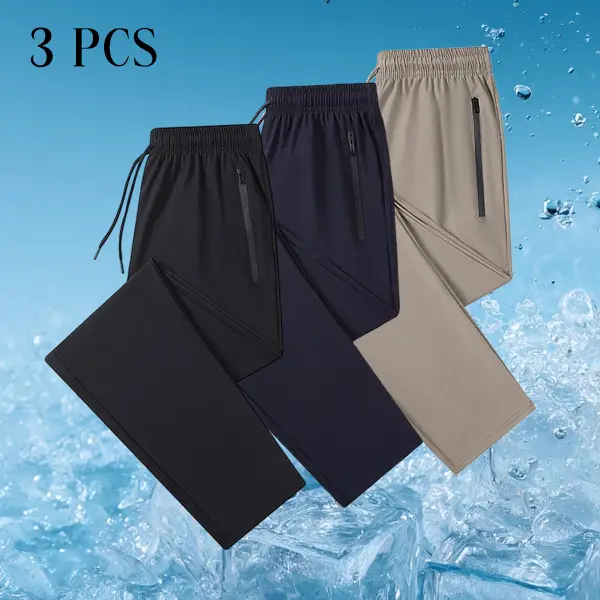 Men’s 3-Pack Ice Silk Quick-Dry Jogger Sweatpants - Elastic Drawstring Waistband, Zipper Pockets, Lightweight Breathable Active Men’s Pants for Summer Fitness, Athletic Performance & Casual Athletic Use, Men's Sweatpants