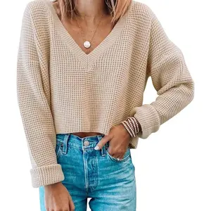 Women’s V-Neck Waffle Knit Cropped Top Long Sleeve Pullover Crop Sweater Minimalist Basic Beige Casual Fitted Winter Cotton Everyday Women’s Wear Medium