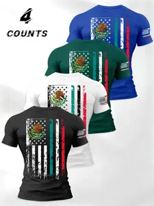 Men's Mexican Emblem & American Flag Print Shirt, 4-Piece Set Round Neck Short Sleeve T-Shirts, Casual Loose Fit Summer Wear, Casual Summer Style
