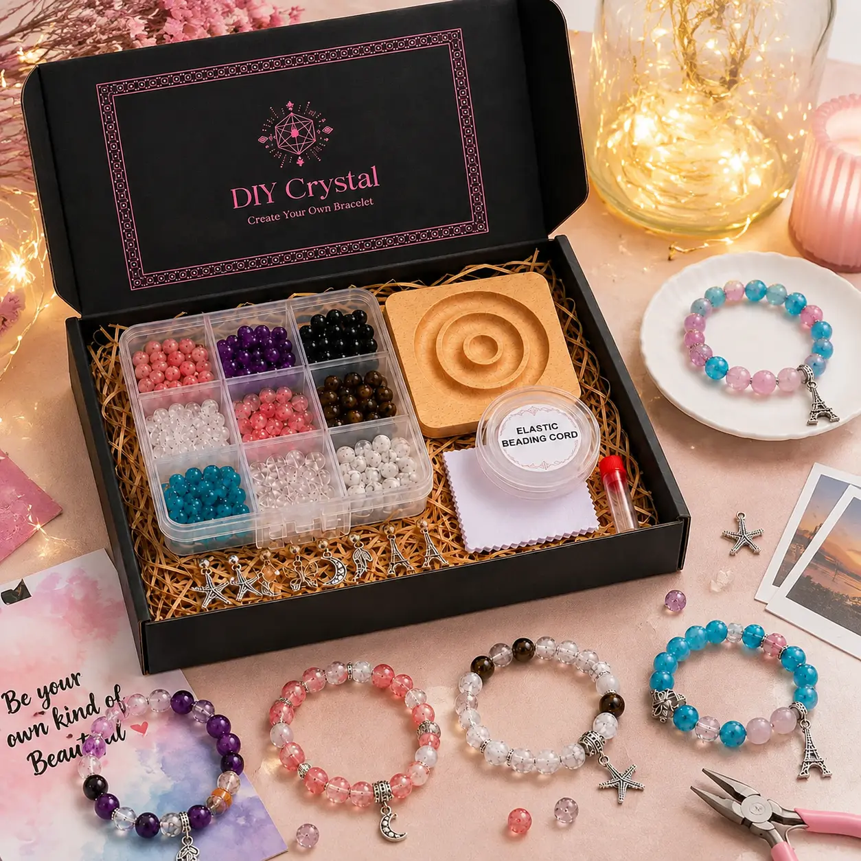 Jewelry DIY Natural Stone Bracelet Making Kit for Adults - 81pcs 10mm Crystal&Agate Beads (9 Styles), 400 Spacer Beads, 5 Silver Charms, Elastic Cord, Beading Needle, Wooden Design Tray, Jewelry Making Supplies Gift for Women